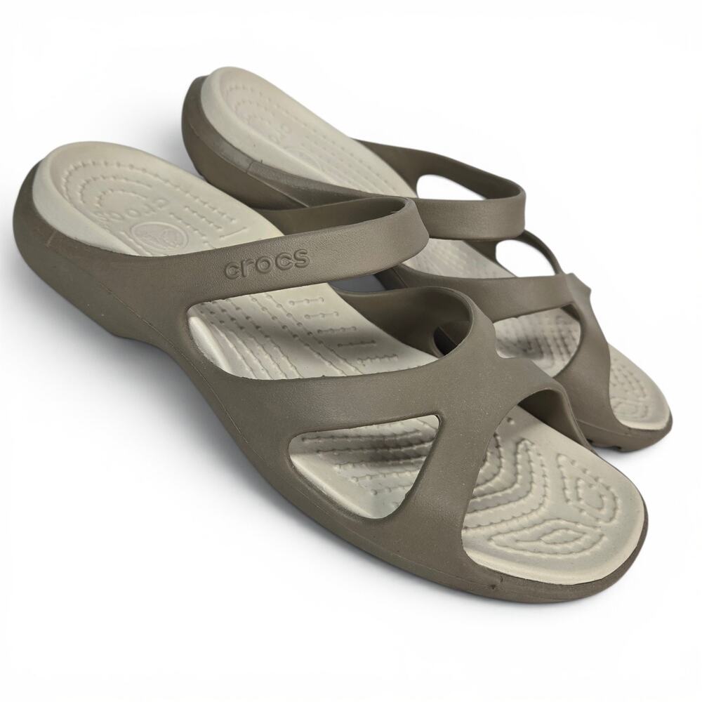 Crocs Meleen Sandals Womens Size 8 Khaki Tan Slide Strappy Comfort Shoes